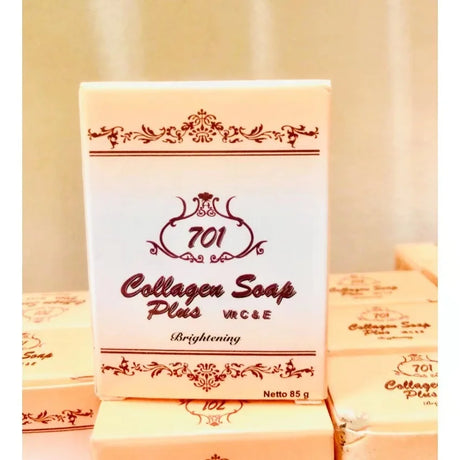 Collagen soap packaging with decorative design on a beige background