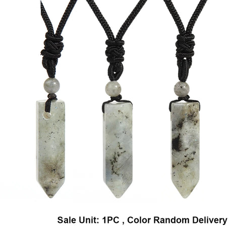 Three stone pendant necklaces with black cord on a white background