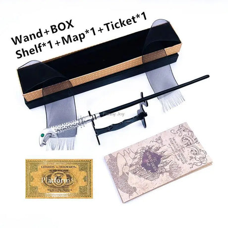 Harry Potter-themed set with wand, box, shelf, map, and ticket on a white background