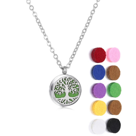 Necklace with tree of life pendant and colorful felt pads on a white background
