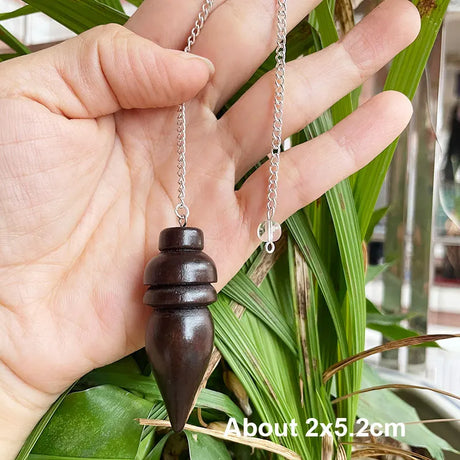 Hand holding a dark wooden pendant with a silver chain against a green leafy background