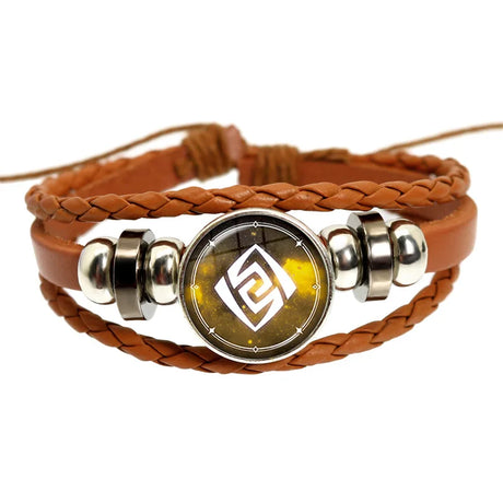 Brown braided leather bracelet with silver beads and a circular emblem on a white background