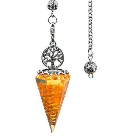 Amber-colored pendant with silver tree of life design on a white background