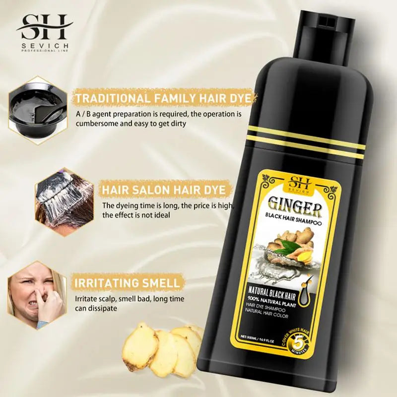Black hair shampoo bottle with ginger flavor on a beige background, featuring Sevich branding.