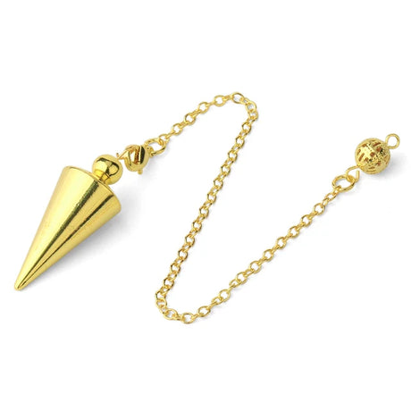Gold cone-shaped pendant on a chain against a white background