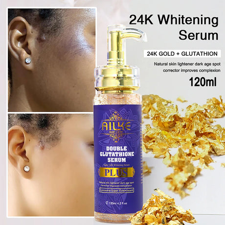 Ailke 24K Whitening Serum with gold flakes and before-and-after skin comparison on a white background.