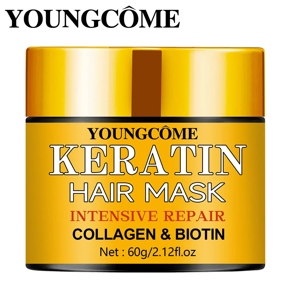 Yellow jar of YOUNGÜmè Keratin Hair Mask with text on a white background