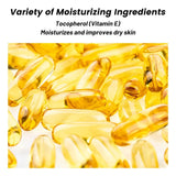 Yellow capsules with text about tocopherol (Vitamin E) moisturizing dry skin