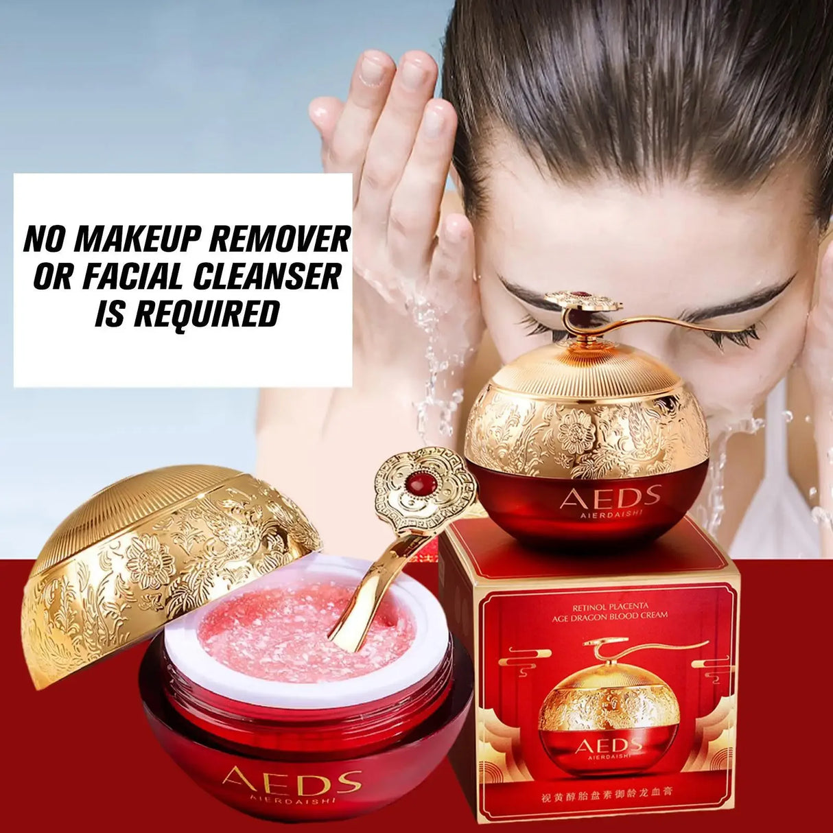 AEDS skincare product with a woman washing her face, emphasizing the need for no makeup remover or cleanser.