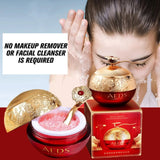 AEDS skincare product with a woman washing her face, emphasizing the need for no makeup remover or cleanser.