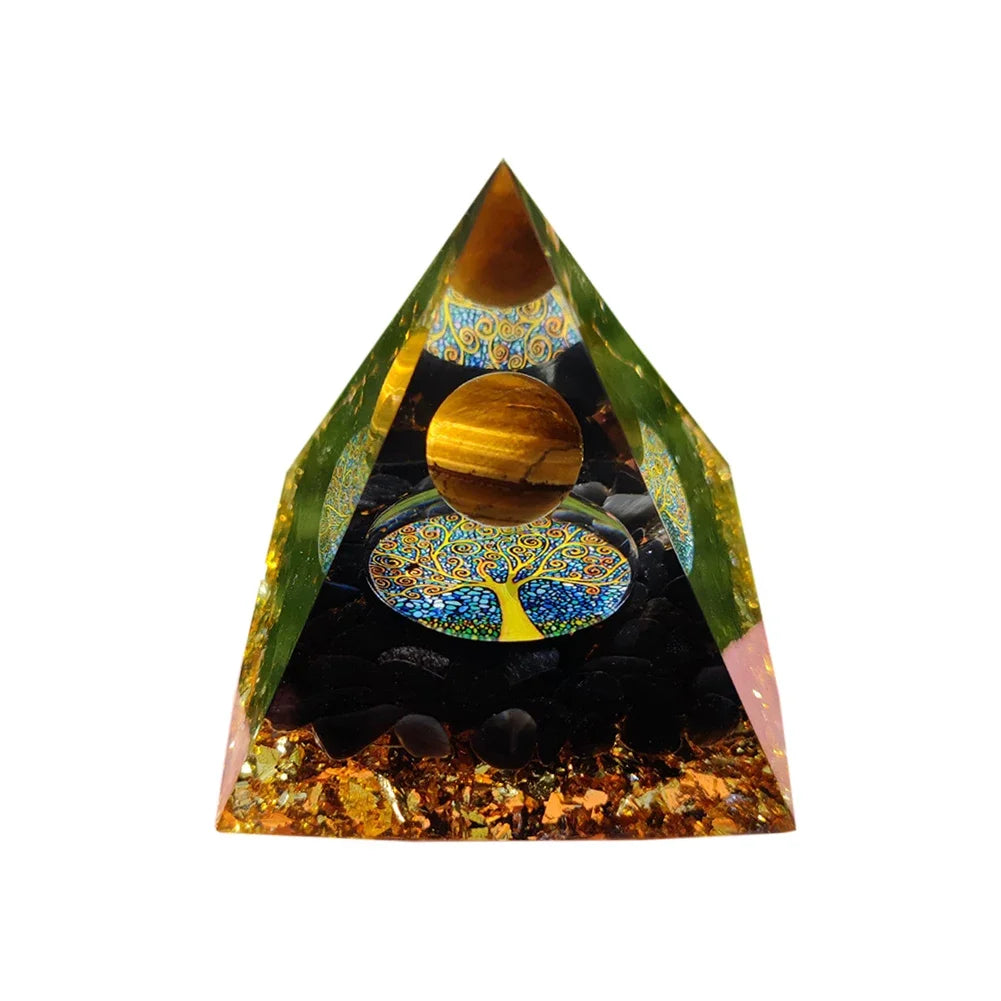 Triangular pyramid with a colorful tree of life design on a white background