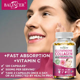 Balincer Glutathione Collagen supplement bottle with a woman's face in the background