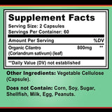 Supplement facts label with organic cilantro content on a green background