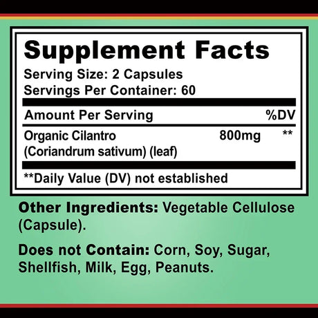 Supplement facts label with organic cilantro content on a green background