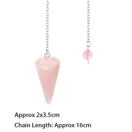 Pink crystal pendant on a chain with measurements displayed