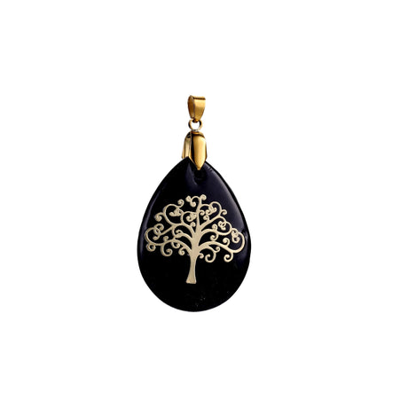 Black teardrop-shaped pendant with gold tree design on a white background