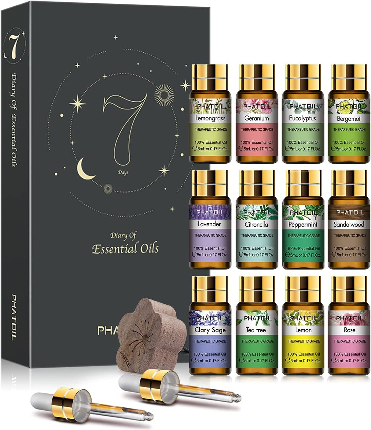 Set of essential oil bottles with a black box labeled 'Diary of Essential Oils' on a white background.
