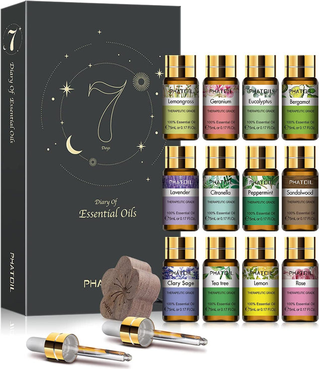 Set of essential oil bottles with a black box labeled 'Diary of Essential Oils' on a white background.