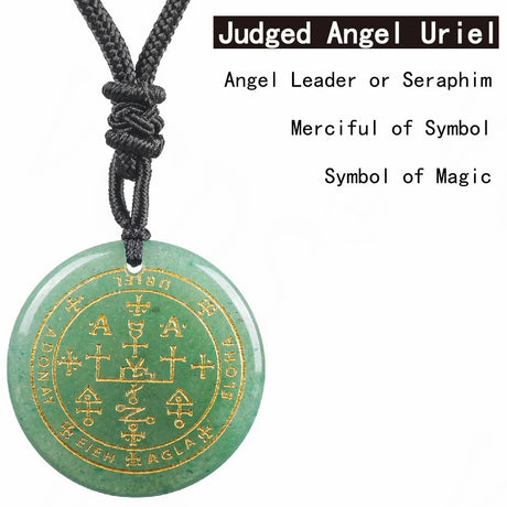 Green pendant with angelic symbols on a white background