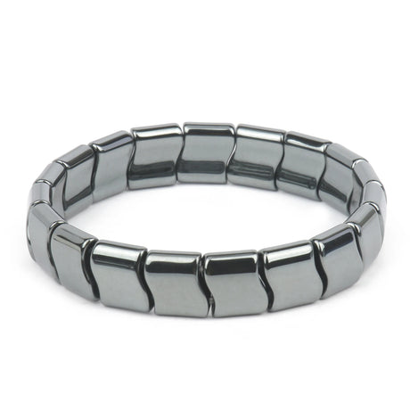 Silver bracelet with square links on a white background
