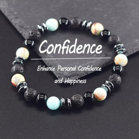 Beaded bracelet with text 'Confidence' and 'Enhance Personal Confidence and Happiness' on a dark background