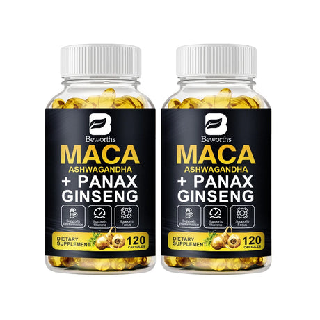 Two bottles of Beworth's Maca Ashwagandha + Panax Ginseng dietary supplements on a white background.