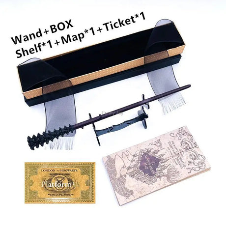 Harry Potter-themed wand, box, shelf, map, and ticket on a white background
