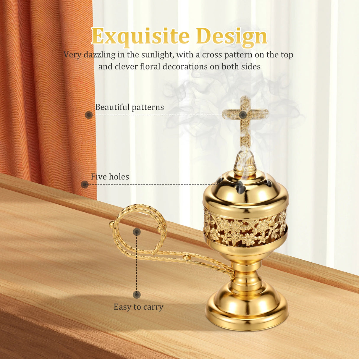 Gold decorative item with cross pattern on top and floral decorations on sides, placed on a wooden surface.