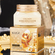 Collagen cream jar with gold packaging on a reflective surface