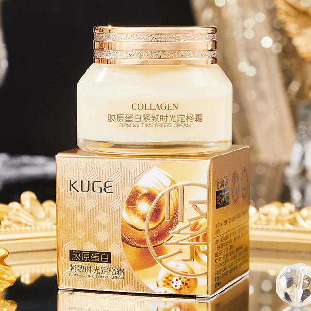 Collagen cream jar with gold packaging on a reflective surface