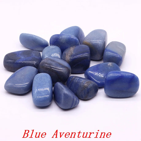 Blue aventurine stones on a white background with 'Blue Aventurine' text.