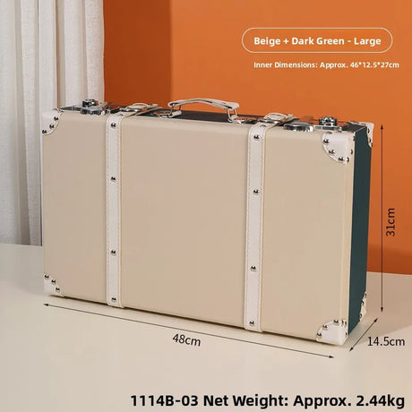 Beige and dark green suitcase with dimensions and weight information on a neutral background