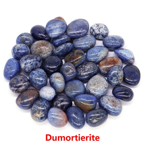 Pile of dumortierite stones on a white background with 'Dumortierite' text.