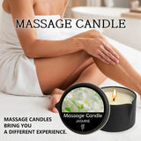 Person sitting on a bed with a jasmine massage candle in the foreground