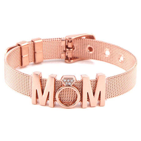 Rose gold mesh bracelet with 'MOM' letters on a white background