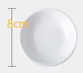 White ceramic plate with a measurement label indicating 8cm diameter on a white background