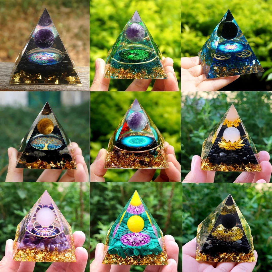 Collage of triangular crystal pyramids held by hands with a green leafy background