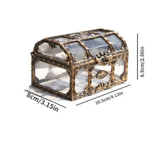 Decorative jewelry box with glass top and bronze finish, shown with dimensions on a white background.