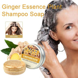 Ginger Essence Plant Shampoo Soap with a woman applying soap to her hair, before and after effect shown.