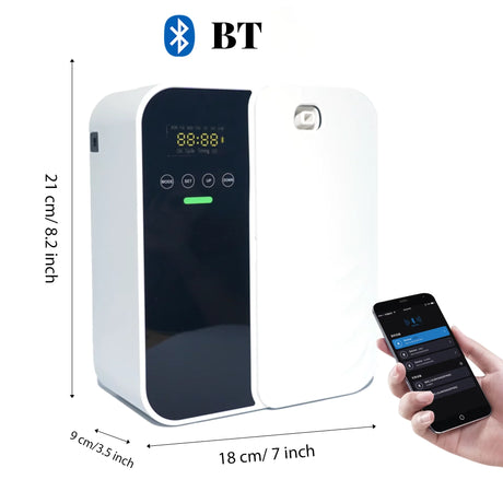 White electronic device with Bluetooth logo and smartphone app interface, showing dimensions.