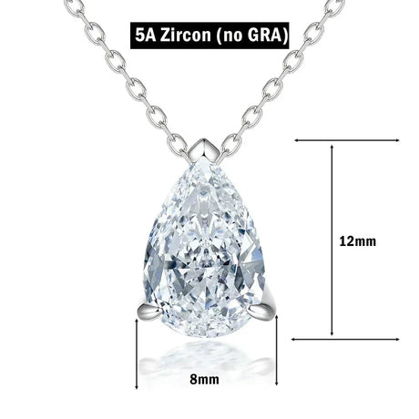 Teardrop-shaped zircon pendant on a chain with measurements on a white background