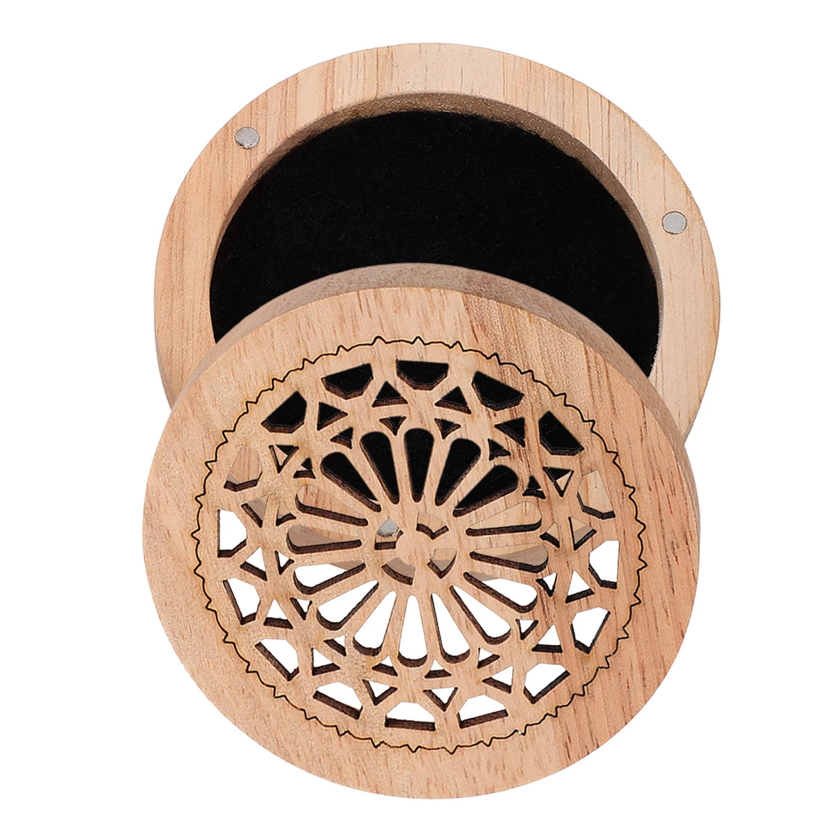 Wooden box with a decorative lid on a white background