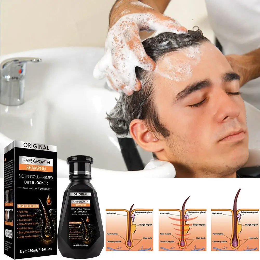 Person washing hair with shampoo, product packaging of hair growth shampoo displayed.