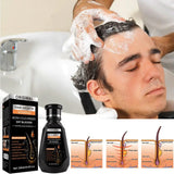 Person washing hair with shampoo, product packaging of hair growth shampoo displayed.
