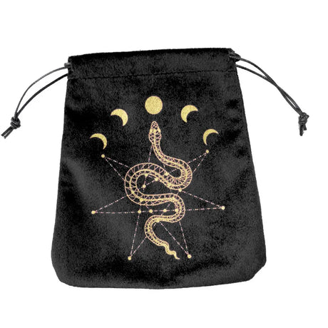 Black drawstring bag with gold snake and moon design on a white background