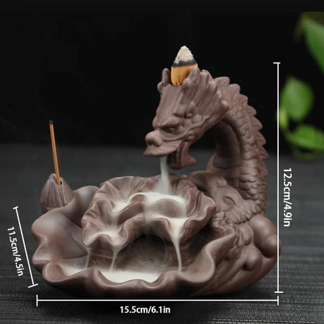 Dragon-shaped incense burner with incense sticks on a dark background