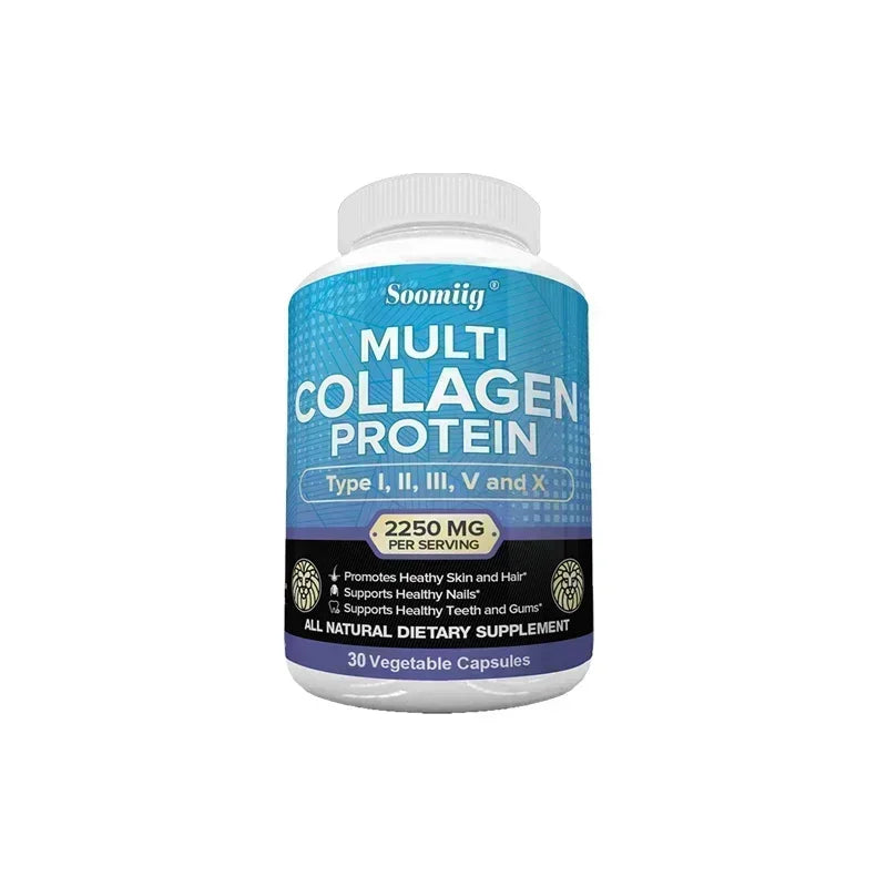Bottle of Soomig Multi Collagen Protein supplement on a white background