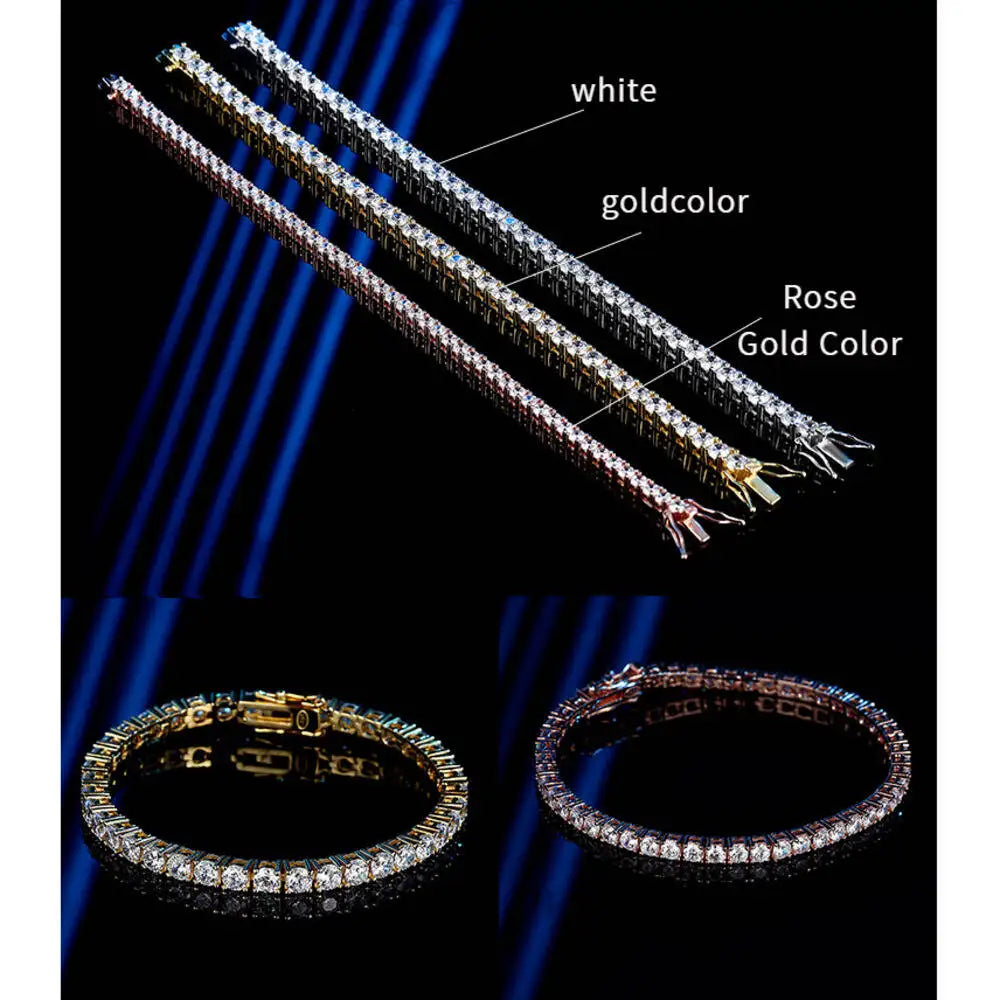 Bracelets in white, gold color, and rose gold color on a dark background.