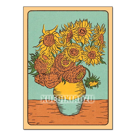 Framed artwork of sunflowers in a vase with a visible brand name.