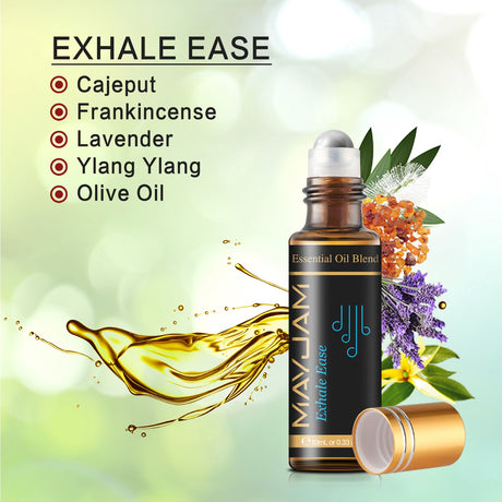 MayJam Exhale Ease essential oil blend bottle with ingredients listed on a green background